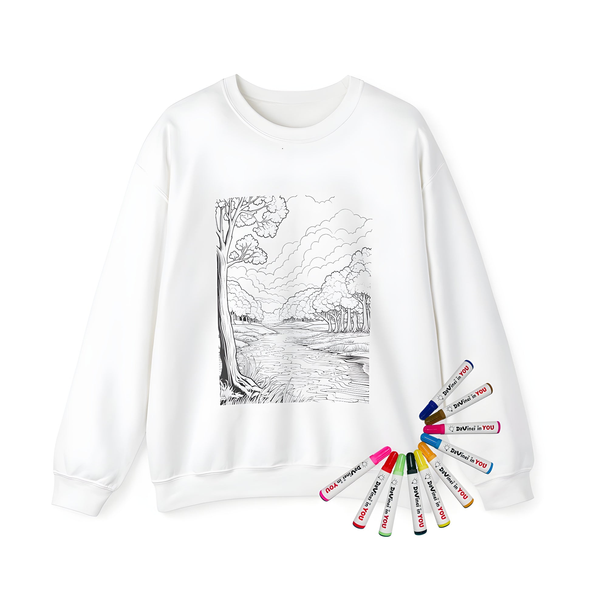 Adult sweatshirt featuring a serene black and white illustration of a peaceful forest river scene with trees and clouds.
