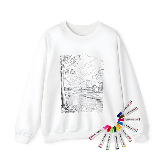 Adult sweatshirt featuring a serene black and white illustration of a peaceful forest river scene with trees and clouds.