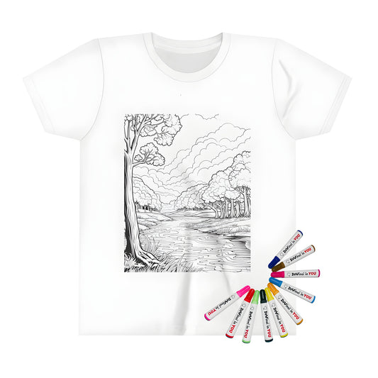 Colorful kids t-shirt featuring a whimsical forest landscape with serene river, trees, and fluffy white clouds