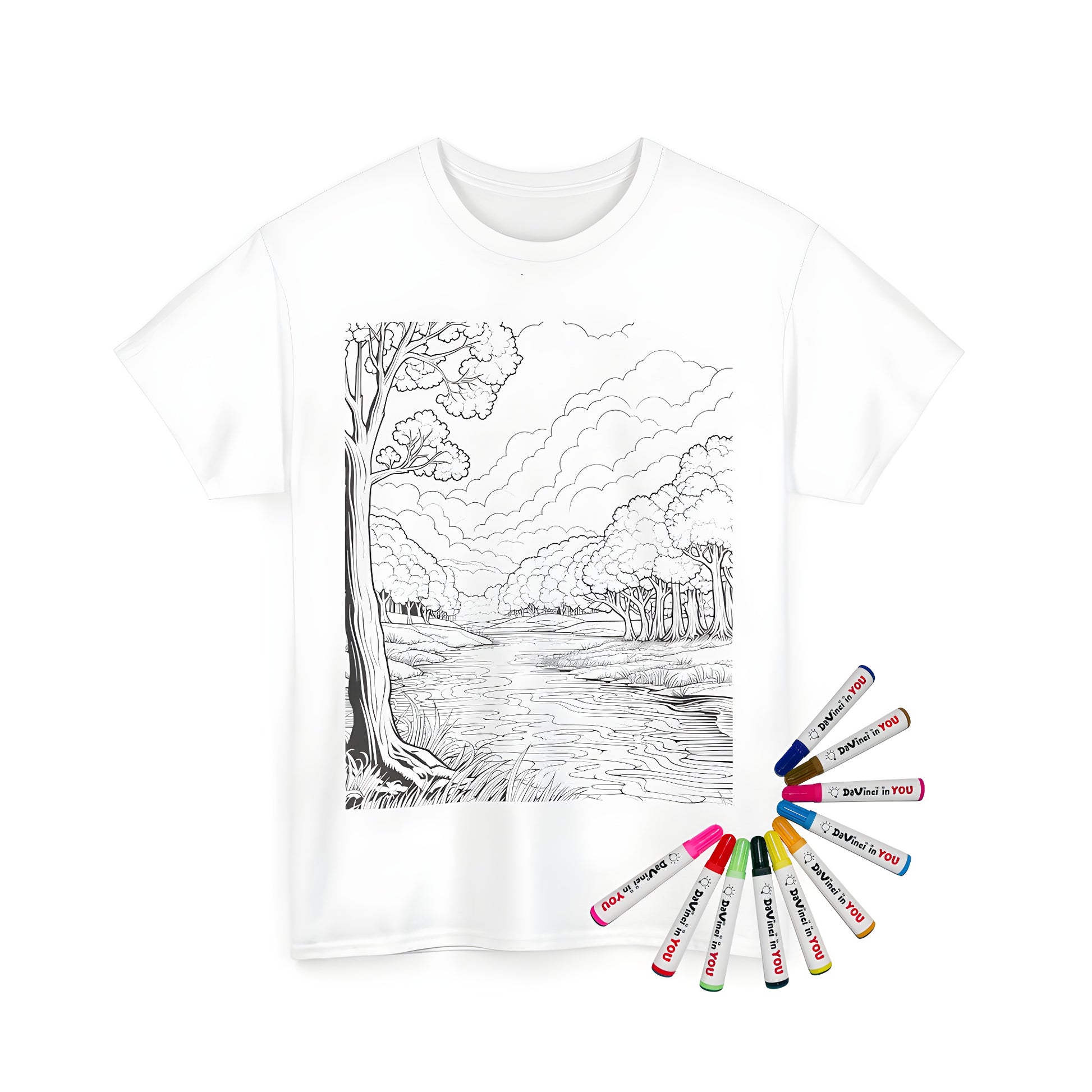 Forest river landscape coloring kit for adults, serene water scene on unisex t-shirt