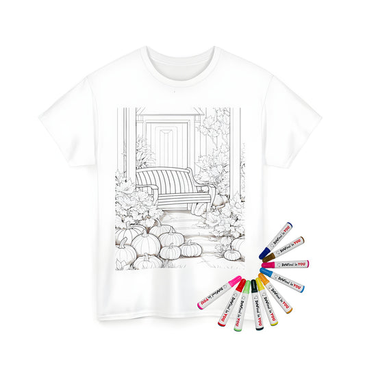 Autumn-themed coloring page on unisex t-shirt with pumpkins and leaves