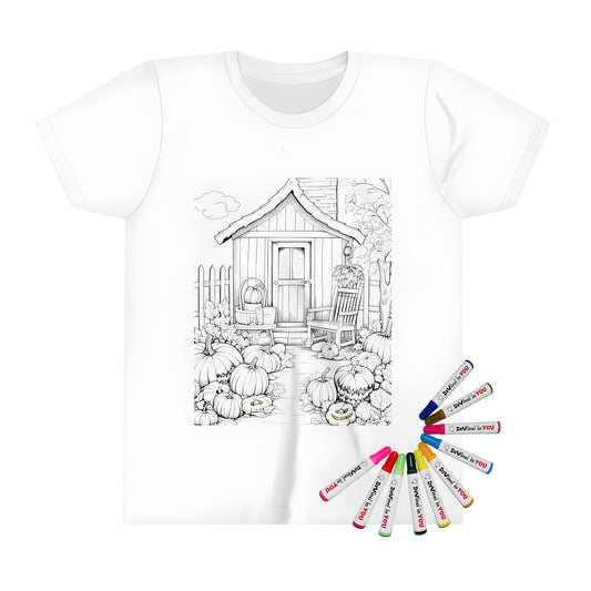 Autumnal kid's t-shirt featuring a black and white illustration of a pumpkin decoration with a cozy cabin, rocking chair, and fallen leaves