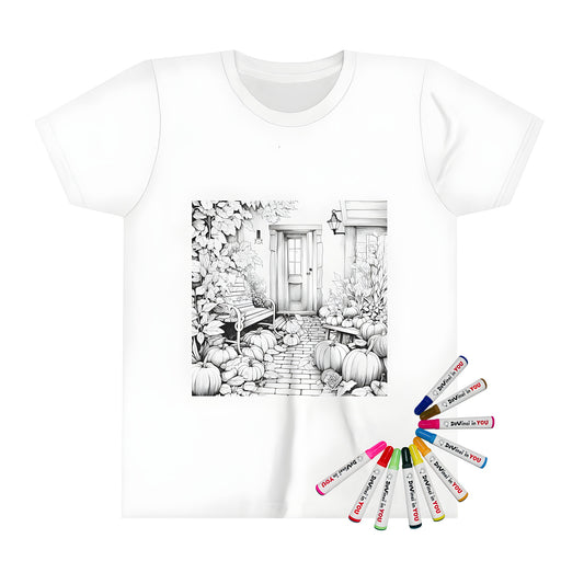 Autumn foliage themed coloring book t-shirt featuring a black and white wooden bench, door, lantern, pumpkins, and leaves in the garden.