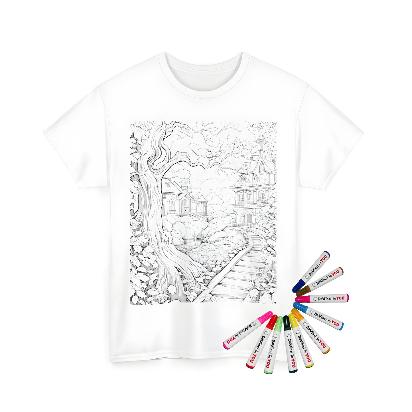 Unisex tee featuring a whimsical black-and-white illustration of a fairy tale village landscape with intricate houses and lush greenery