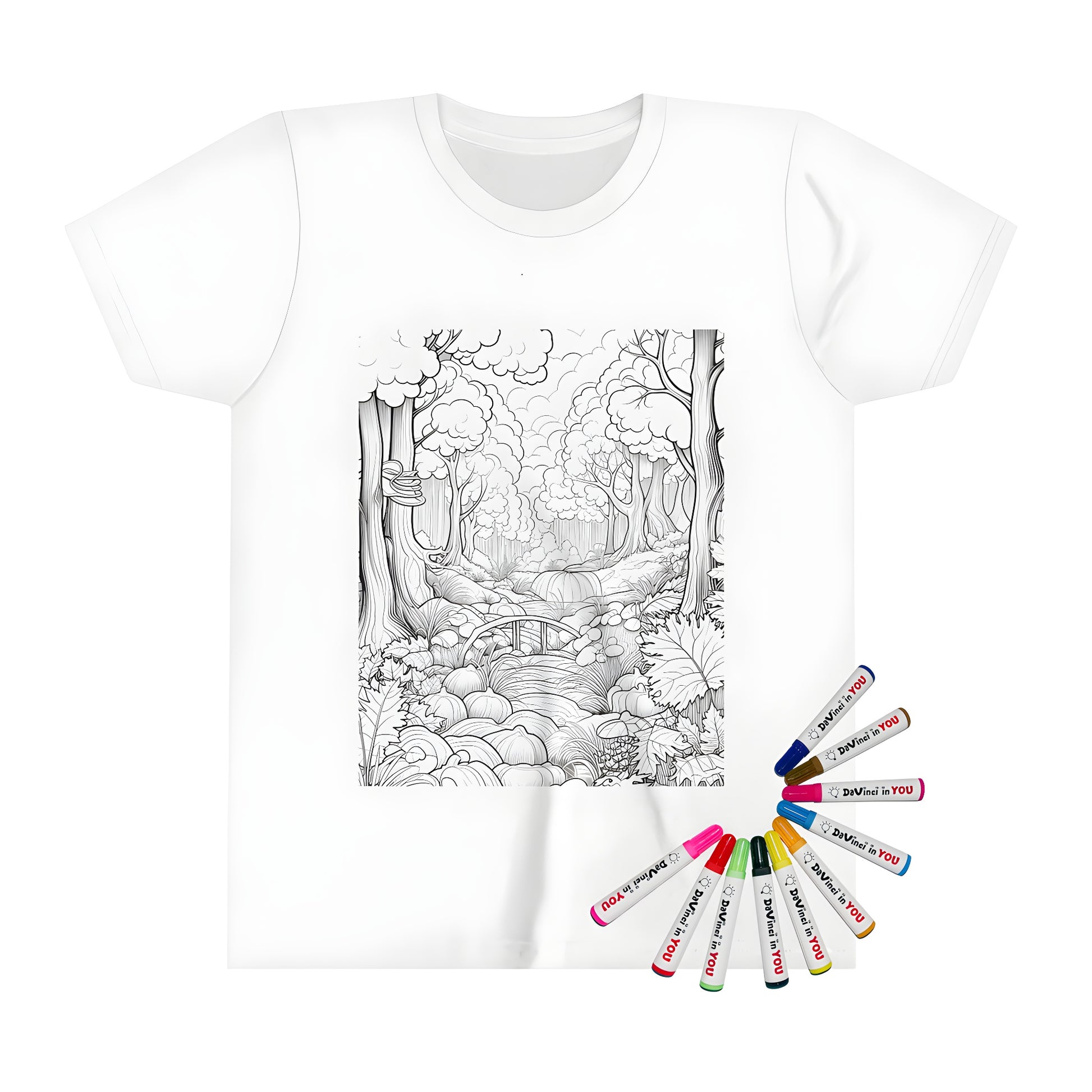 Coloring page-inspired Kids' t-shirt featuring a Black and white forest scene with trees, bridge over stream, pumpkins, and plants.