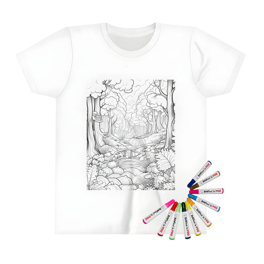 Coloring page-inspired Kids' t-shirt featuring a Black and white forest scene with trees, bridge over stream, pumpkins, and plants.