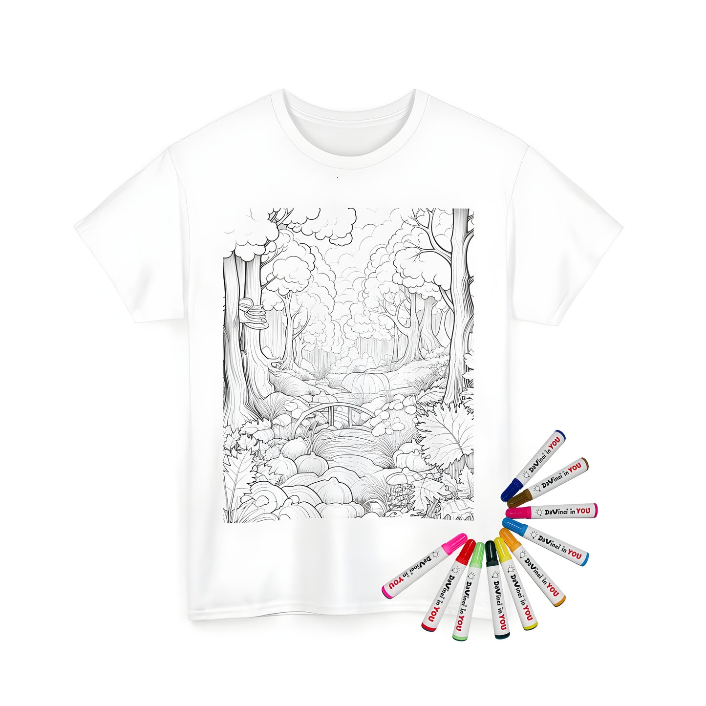 Unisex t-shirt with a beautiful black and white forest scene design featuring trees, bridge, pumpkins, and plants for coloring enthusiasts