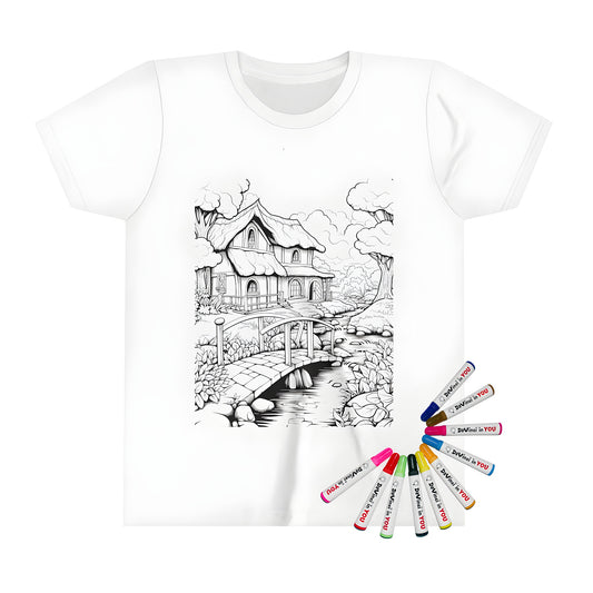 Kid's t-shirt featuring a cottage design with a bridge over a creek, surrounded by trees and natural scenery. Perfect for kids who love art and nature.