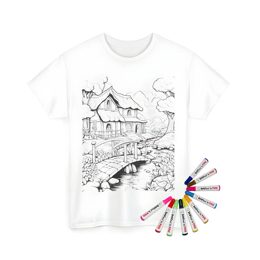 Unisex t-shirt featuring a charming countryside cottage design with bridge over creek and lush trees