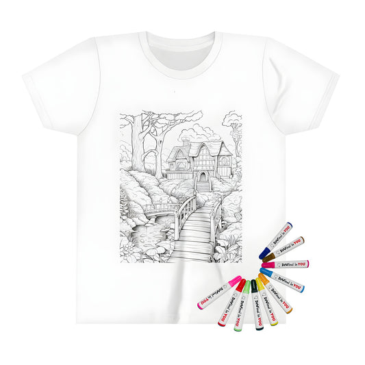 Kid's t-shirt featuring a colorful nature scene with a cottage, trees, and a stream