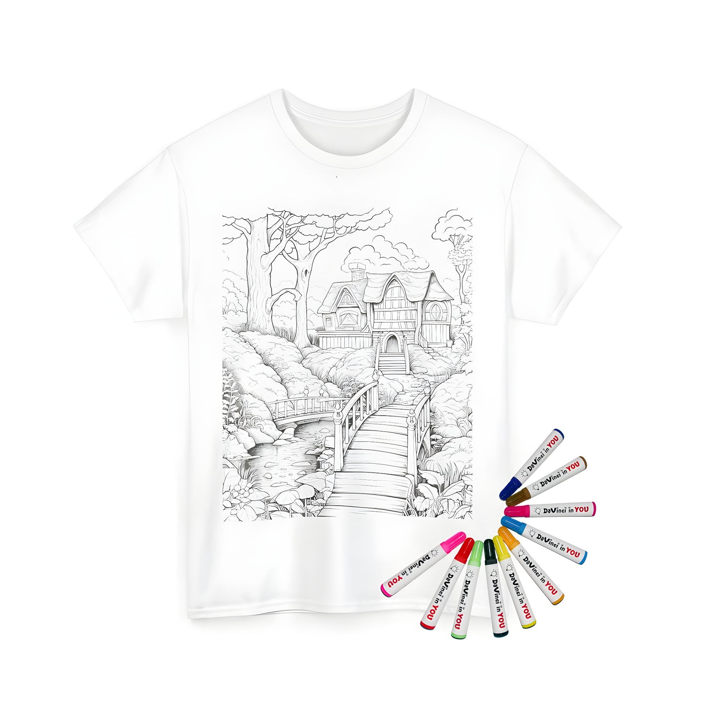 Cozy cottage themed coloring t-shirt, Unisex T-shirt design featuring a charming countryside landscape with a bridge and winding path