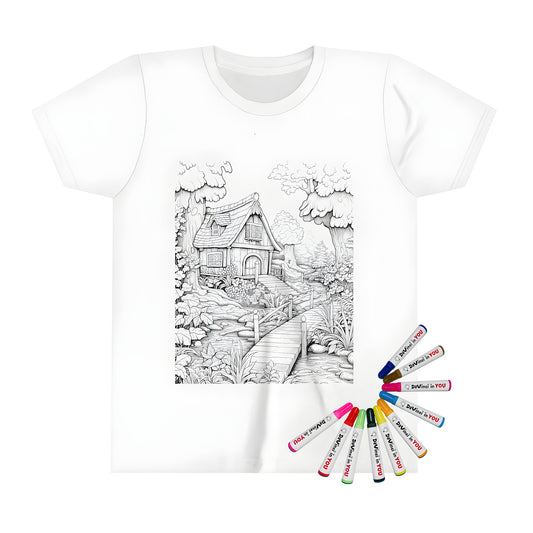 Fairy tale cottage coloring shirt for kids with detailed illustration of castle, whimsical village scene, magical fantasy house