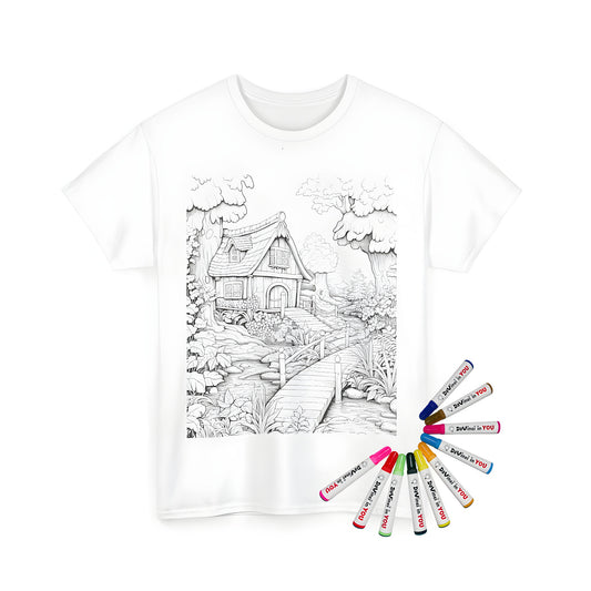 Unisex t-shirt featuring a whimsical fairy tale cottage illustration on a colorful background