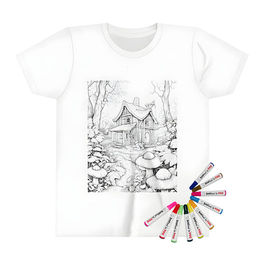 Colorful Kid's T-shirt featuring a whimsical fairy tale cottage illustration of a fantasy castle in a magical forest with mushrooms and trees.