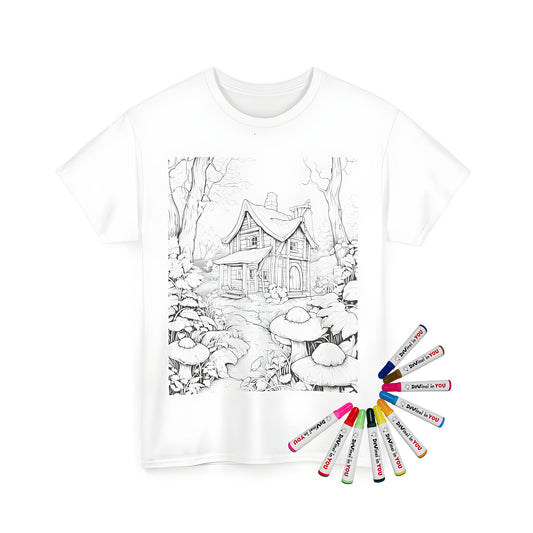 Colorful whimsical black and white fairy tale cottage illustration on a unisex t-shirt