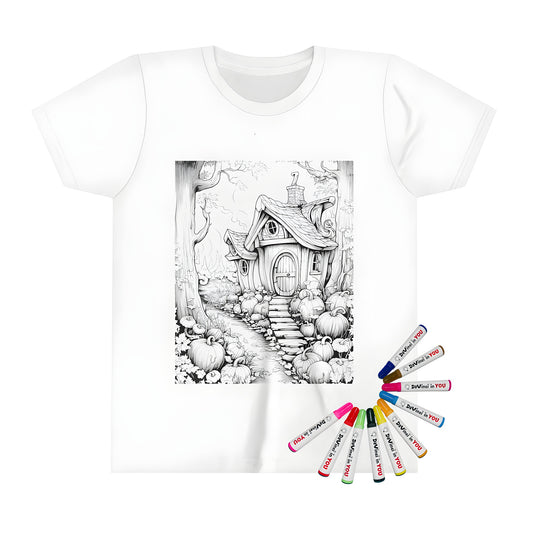 Kid's t-shirt featuring an enchanting fantasy cottage illustration with pumpkins and trees