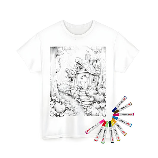 Unisex t-shirt featuring a vibrant coloring page design of a fantasy cottage surrounded by pumpkins and trees