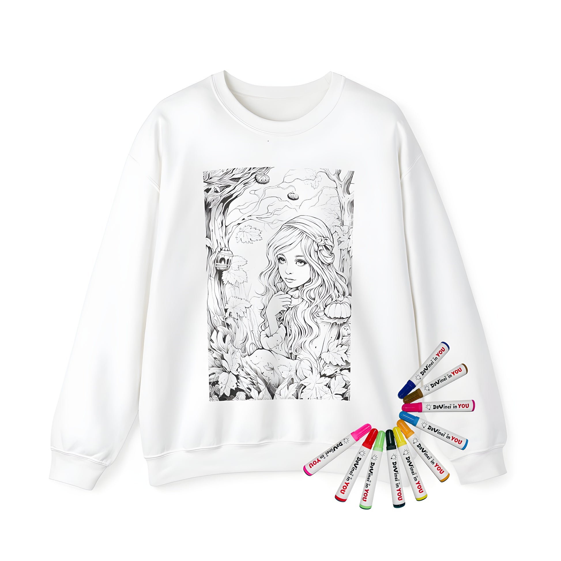 Adult sweatshirt featuring a detailed illustration of a princess surrounded by leaves and trees