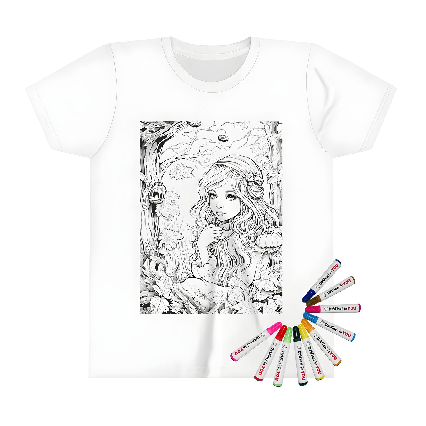 Colorful kid's t-shirt with enchanting princess illustration surrounded by forest foliage and trees