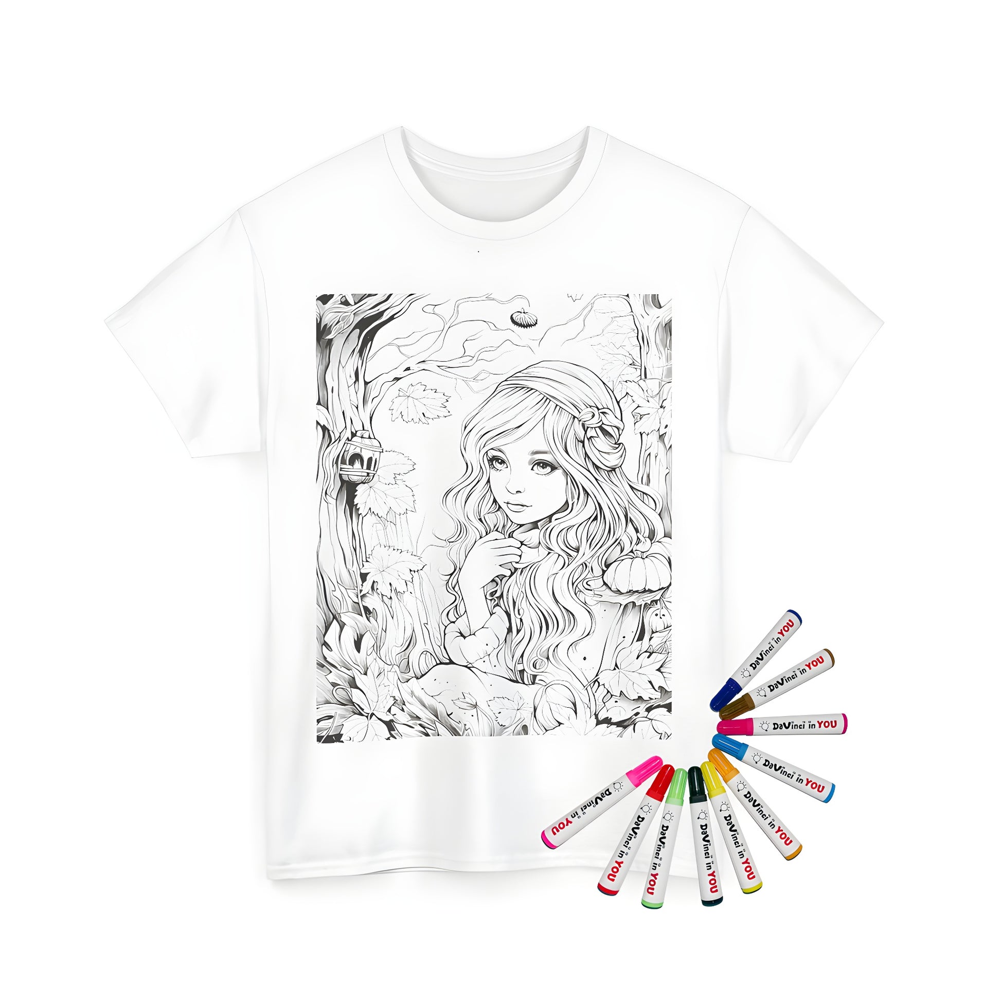 Unisex t-shirt with detailed black and white illustration of princess surrounded by leaves and trees