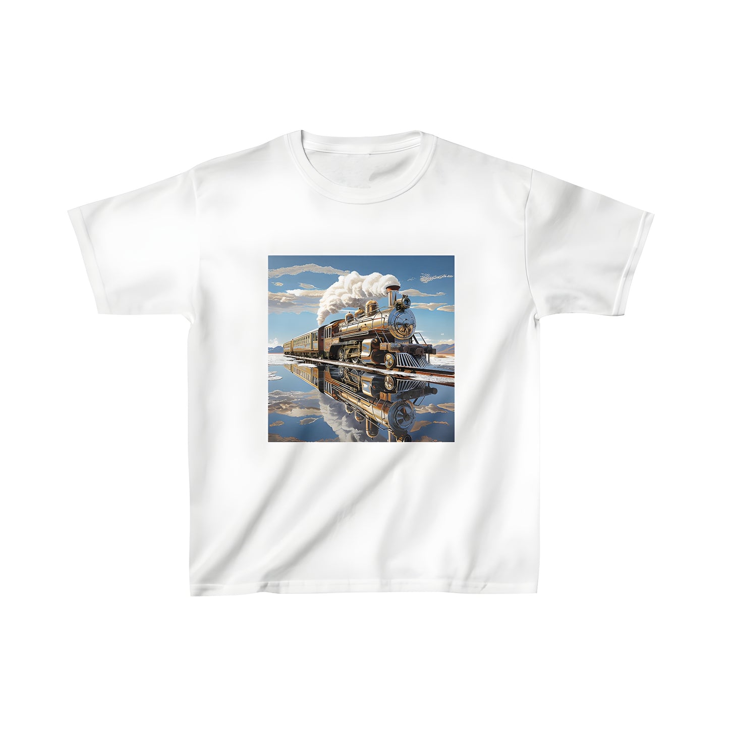 Colorful kid's t-shirt with vintage steam train design, scenic background and reflective water effect