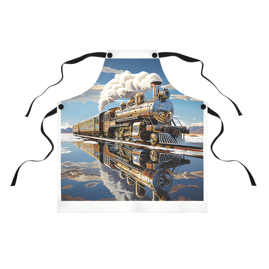 Colorful vintage train apron with locomotive design on tracks and reflection in water