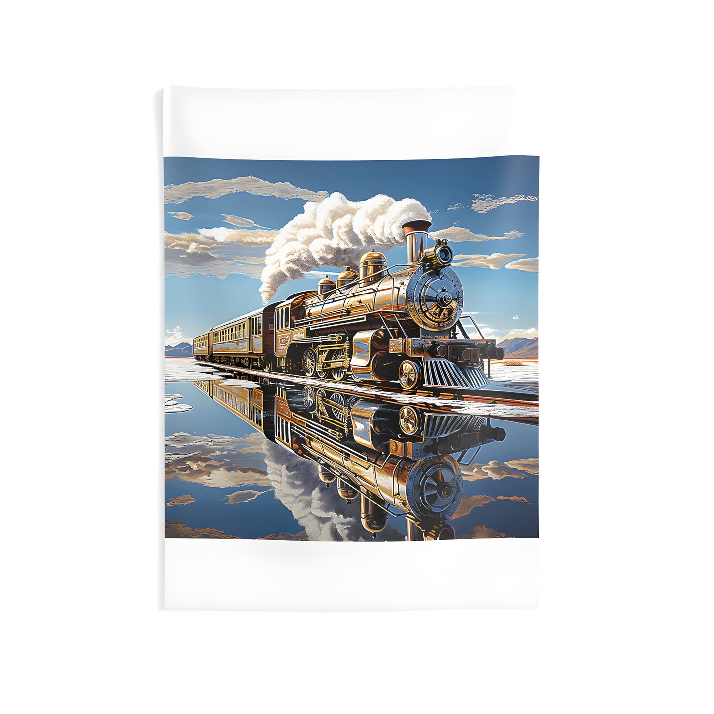 Colorful vintage train wall tapestry featuring a steam locomotive, tracks and reflection in water against a scenic sky background.