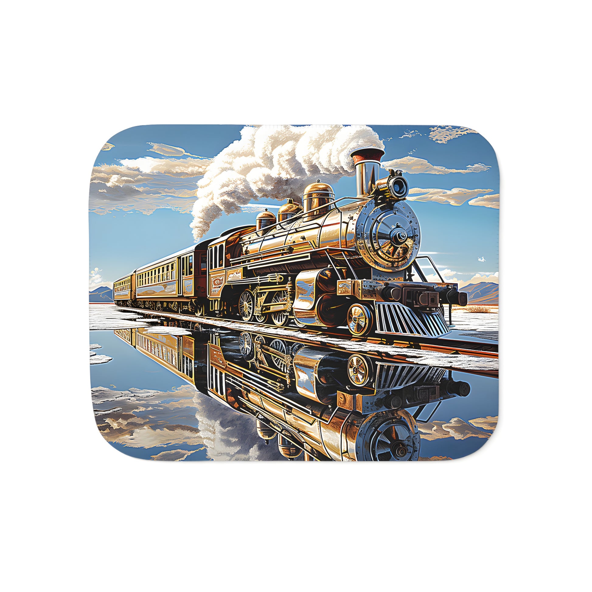 Vintage train blanket with colorful locomotive design on tracks reflection and scenic sky