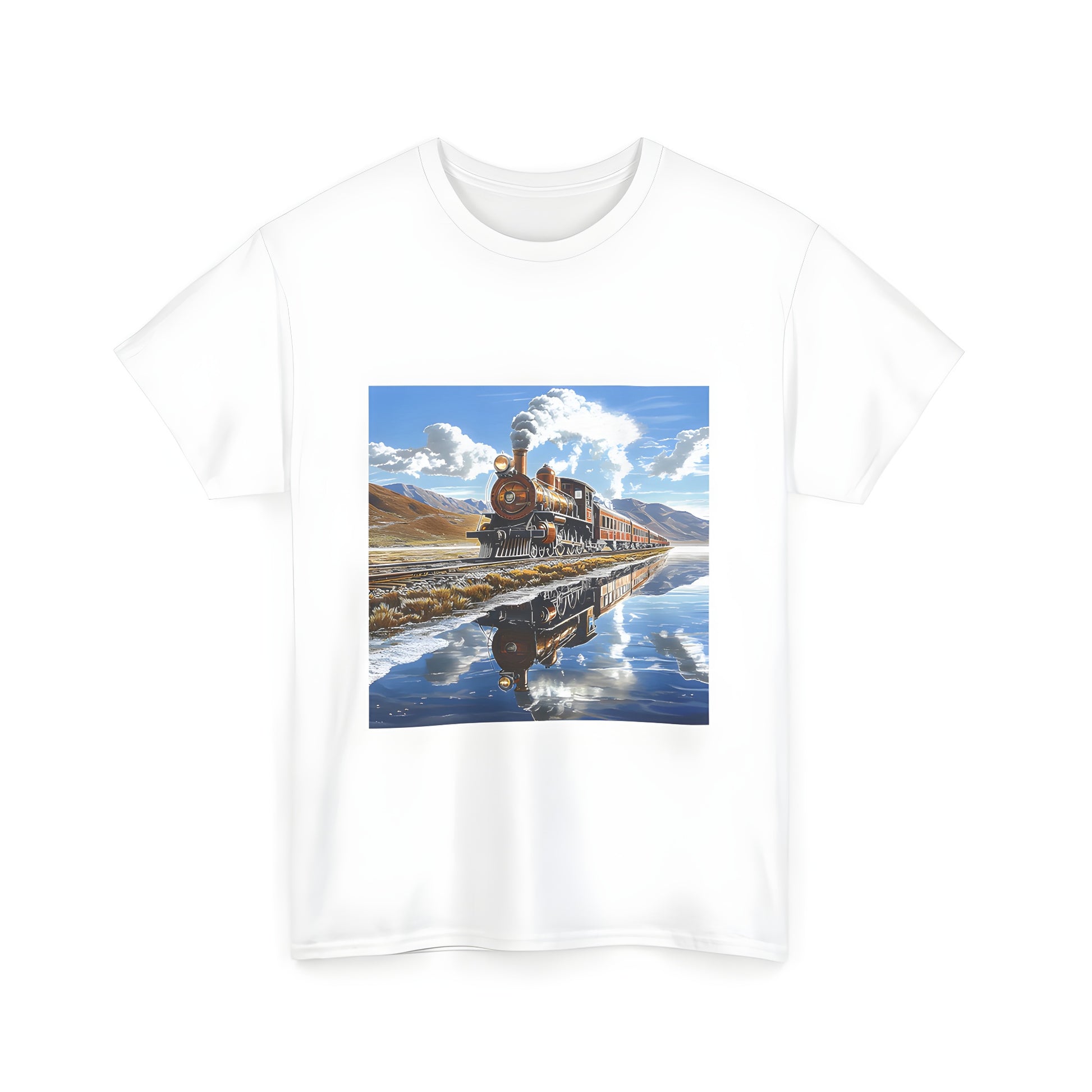 Vibrant unisex t-shirt featuring a scenic train locomotive on its journey along a winding track with majestic mountains reflected in a serene lake