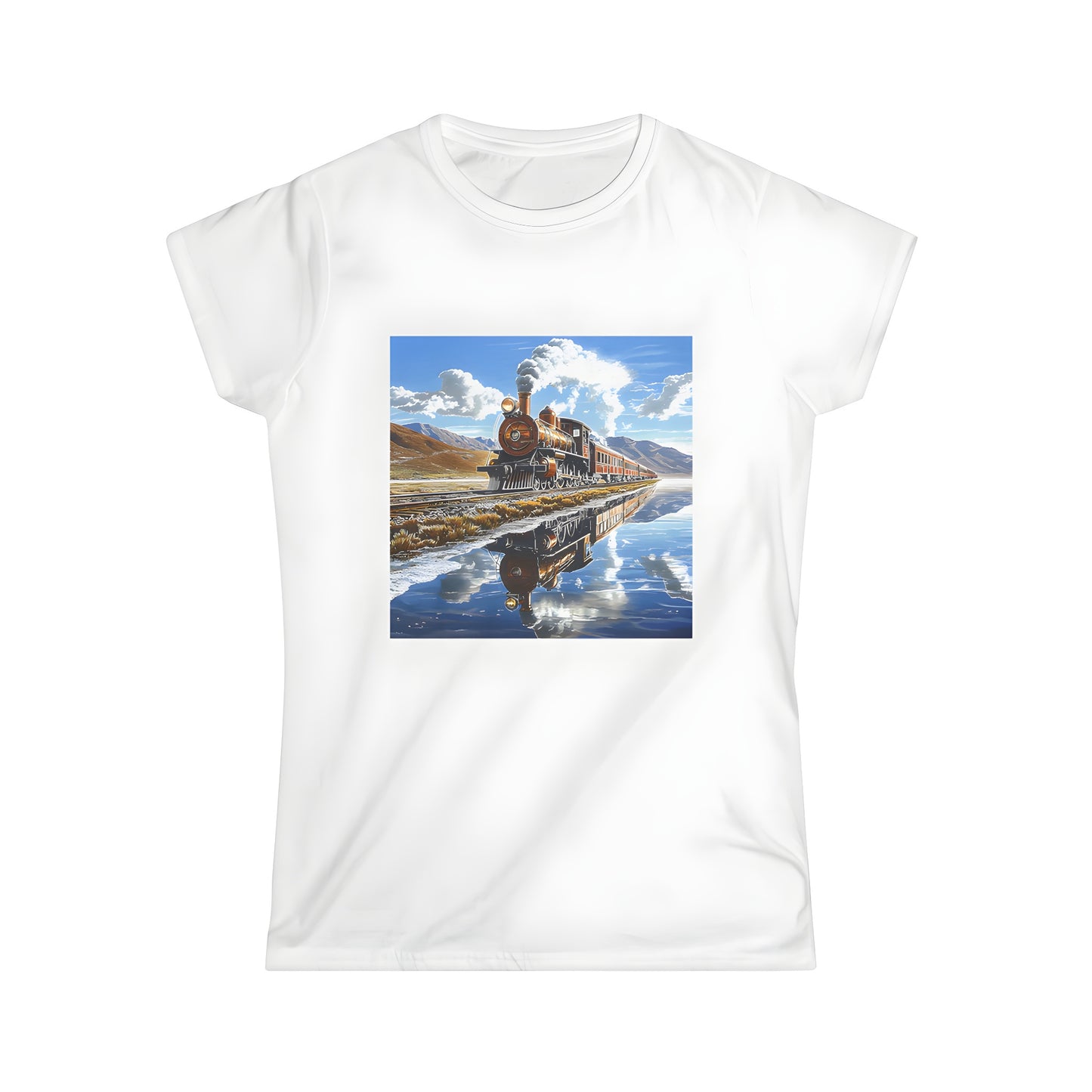 Women's graphic t-shirt featuring a vintage locomotive train design with mountains and water reflection