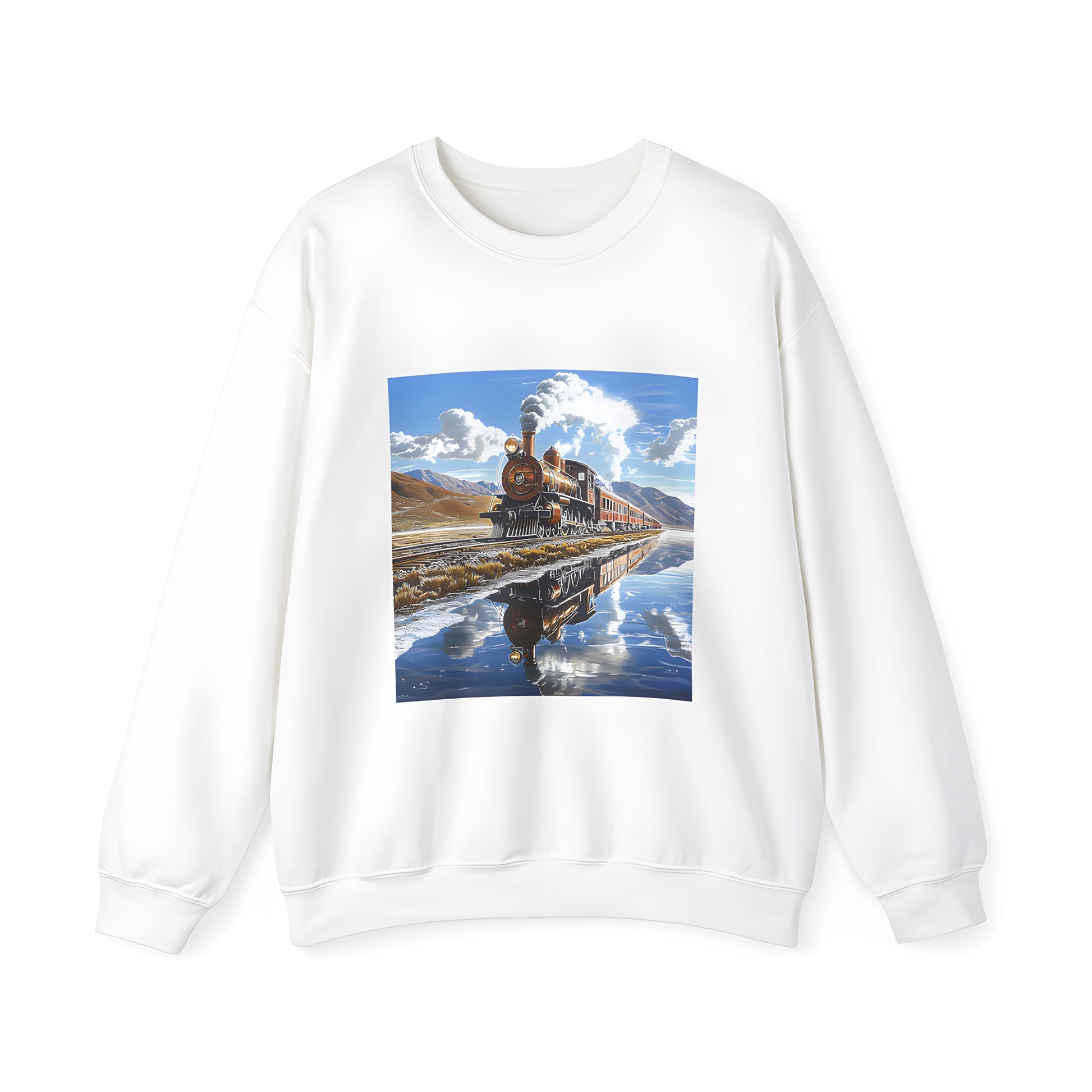 Colorful Adult Sweatshirt featuring a Train locomotive journey along a scenic route with mountains and lake reflection