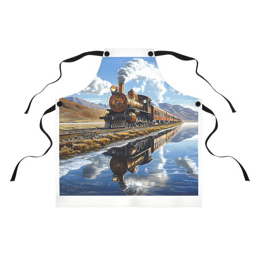 Colorful apron featuring a locomotive train design, inspired by scenic mountain landscapes and a tranquil water reflection