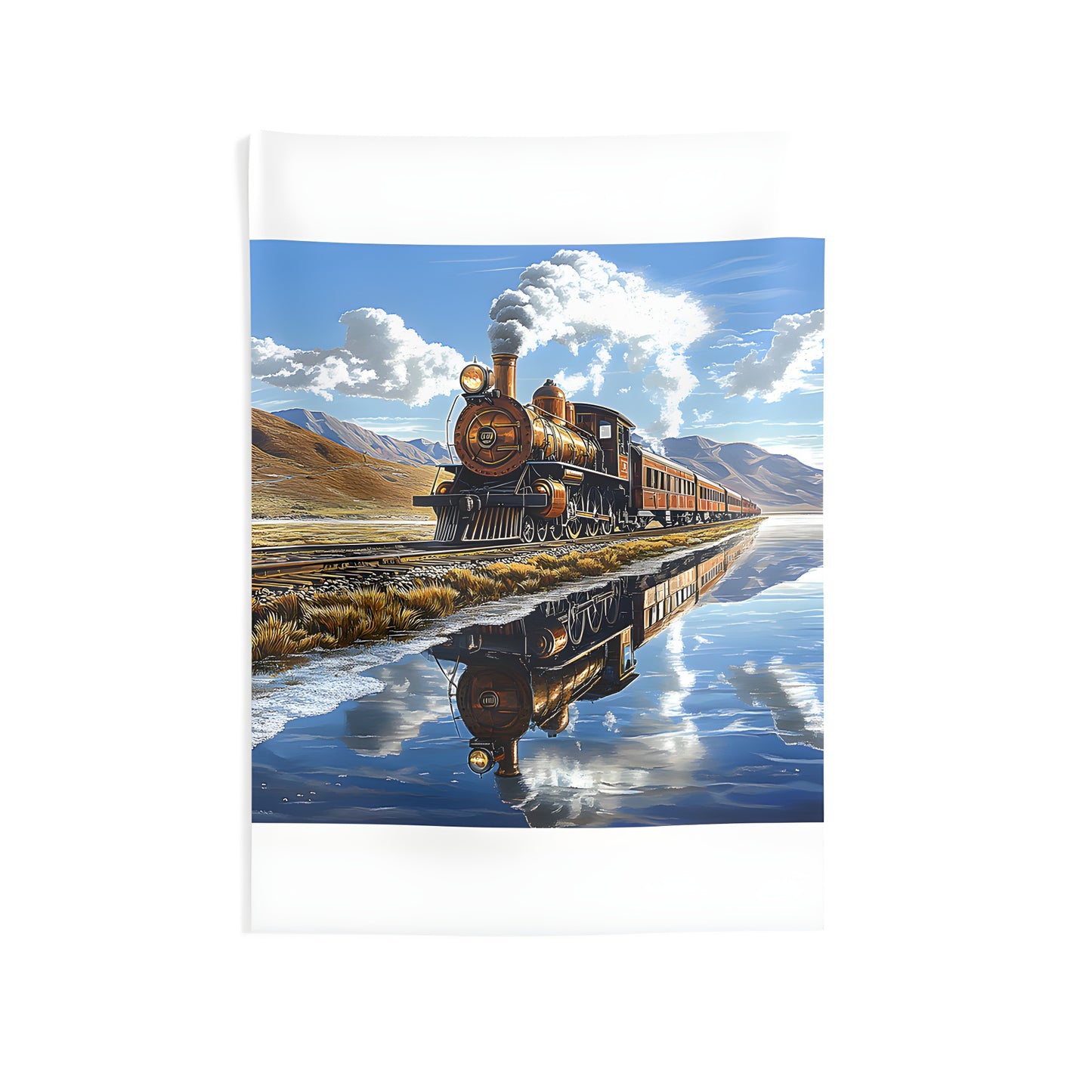 Colorful indoor wall tapestries featuring a scenic steam locomotive train traveling along a mountainous track reflected in a serene lake