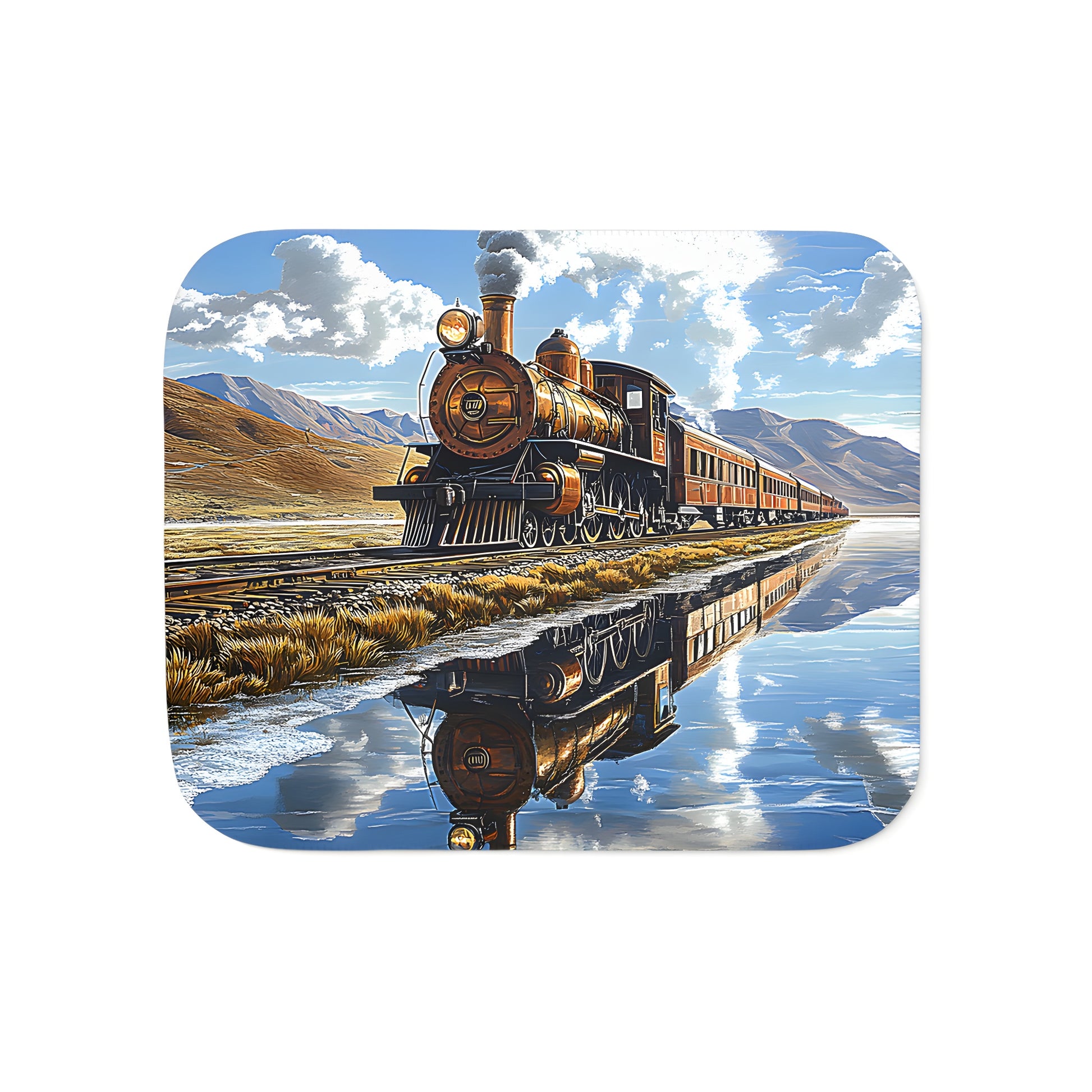 Cozy blanket featuring a vintage locomotive print with majestic mountains and serene lake reflection