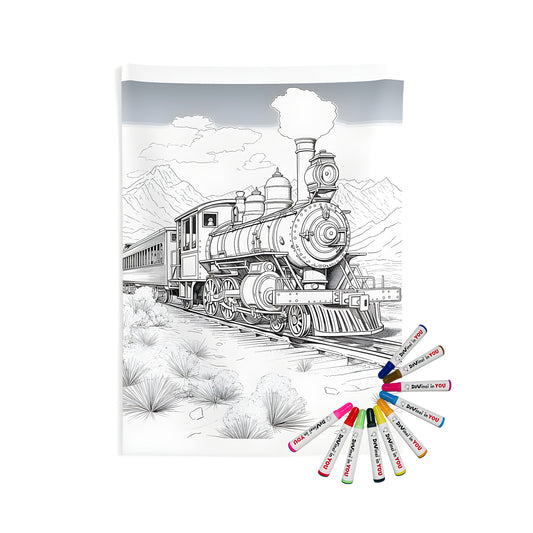 Coloring page of a vintage train illustration on an indoor wall tapestry, featuring a detailed black and white picture of a steam locomotive traveling through mountains and clouds in the desert landscape.