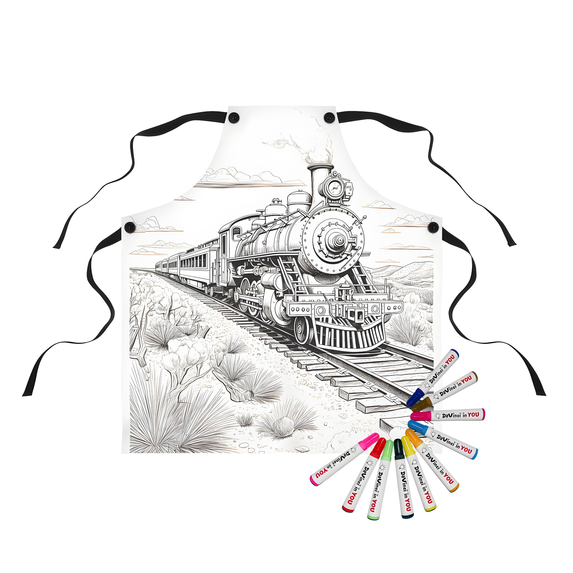 Colorful apron featuring an imaginative steam locomotive engine illustration. Perfect for train enthusiasts and art lovers alike.