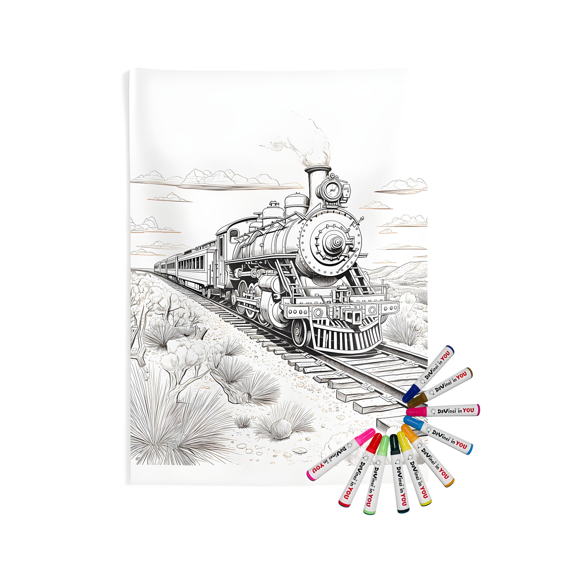 Colorful indoor wall tapestry featuring a detailed steam locomotive train illustration, perfect for any room