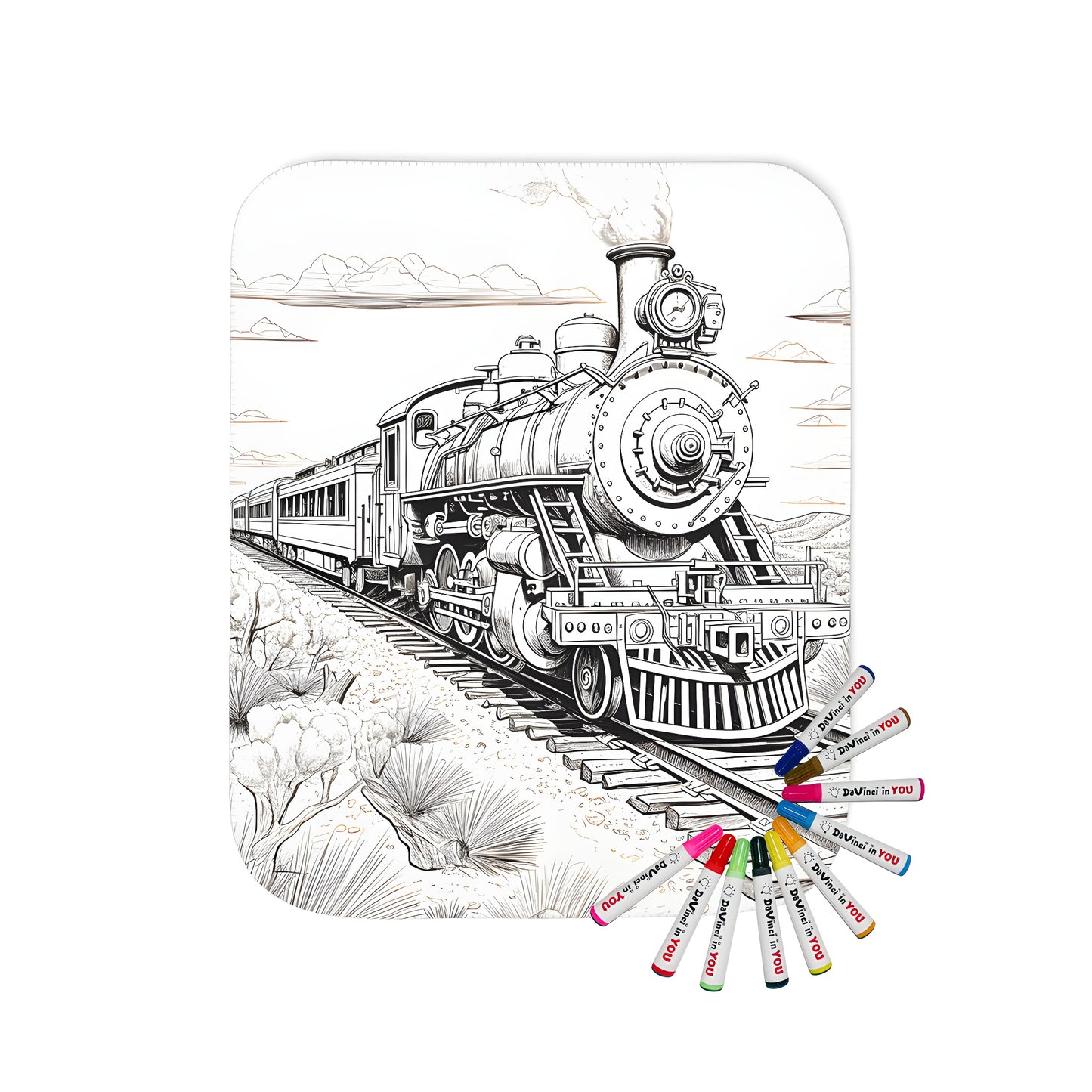 Blanket coloring kit featuring a detailed steam train illustration design with desert landscape and cloud details, great for relaxation or as a unique gift