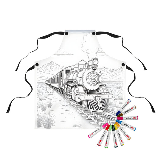 Vintage locomotive train coloring apron with scenic mountains and clouds background