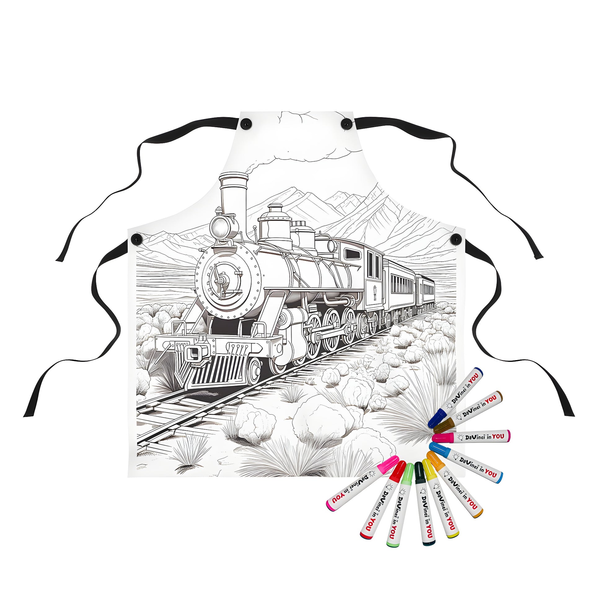 Apron with Steam Train design, desert landscape, mountains, and colorful details