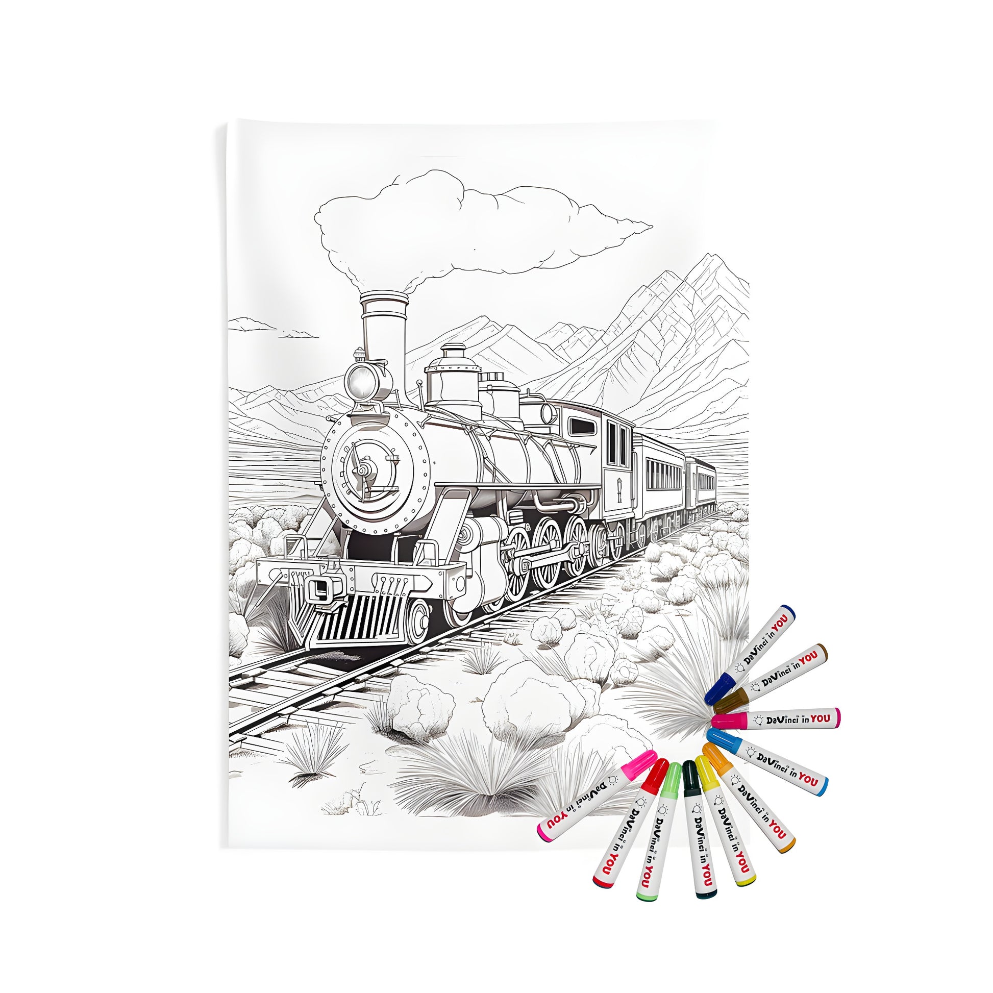 Indoor wall tapestry of a steam locomotive traveling through a desert landscape, with mountains in the background