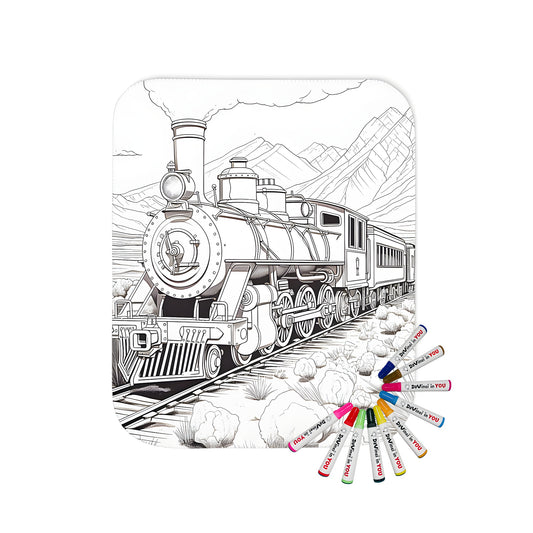 Cozy blanket featuring a colorful steam engine locomotive scene with desert mountains in the background