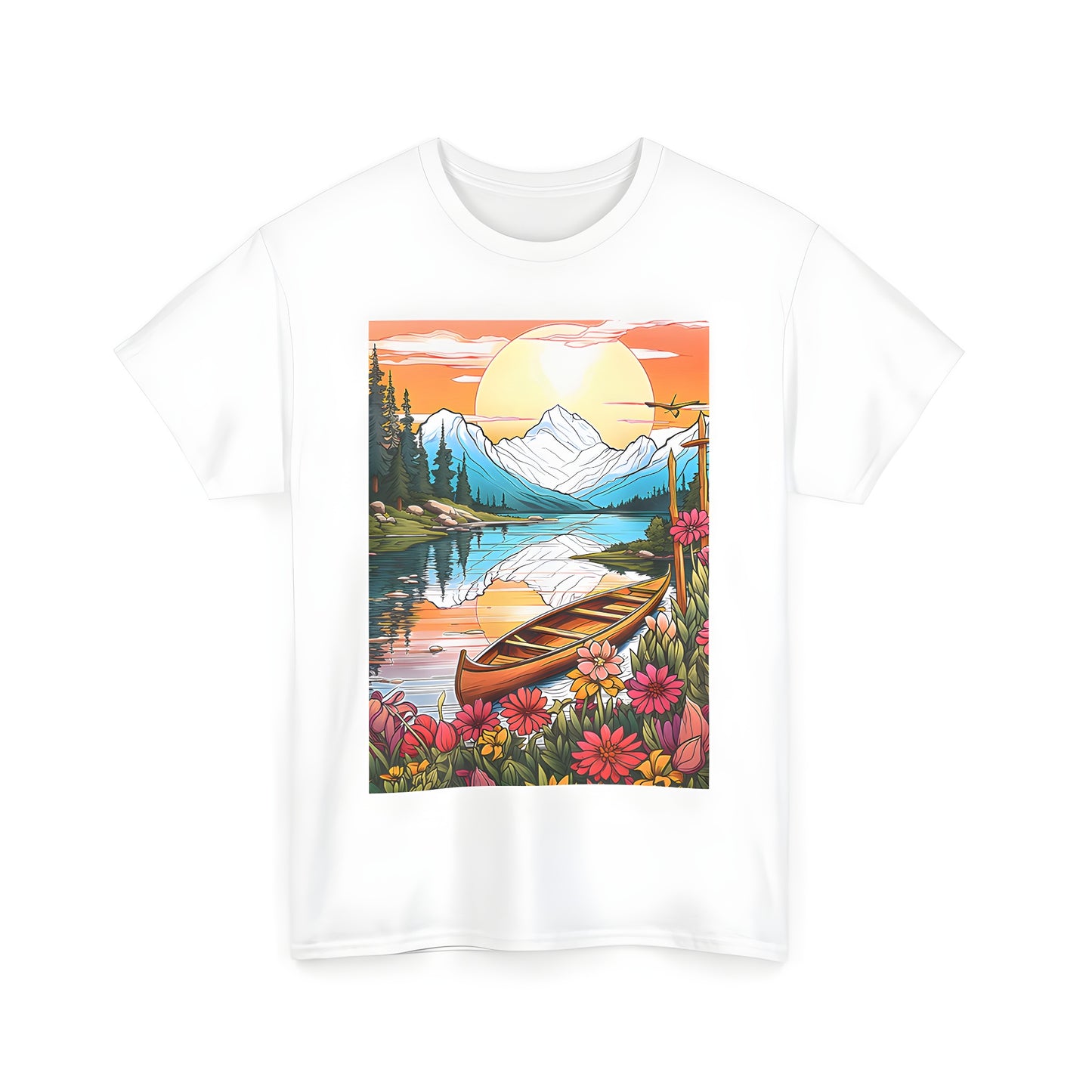 Colorful mountain landscape design on unisex t-shirt featuring boat on lake surrounded by vibrant flowers and trees at sunset