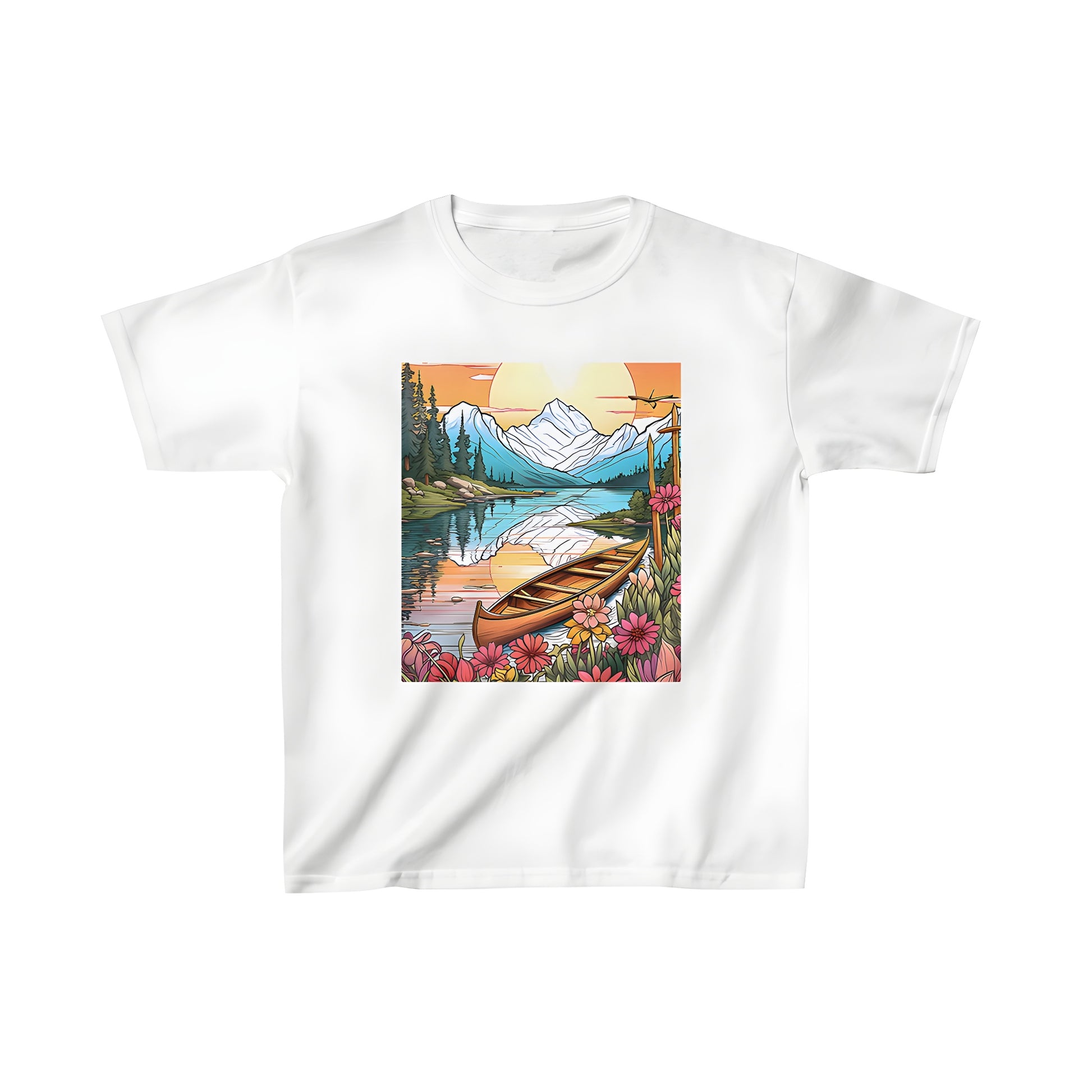 Colorful kid's t-shirt featuring a serene lake scene with a boat, surrounded by vibrant flowers and trees at sunset.