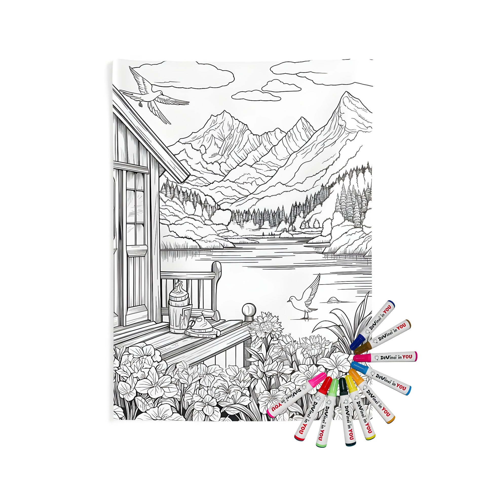 A beautiful Indoor Wall Tapestry featuring a serene coloring page design of mountains, cabin by lake, blooming flowers and birds flying or resting in a peaceful nature scene.