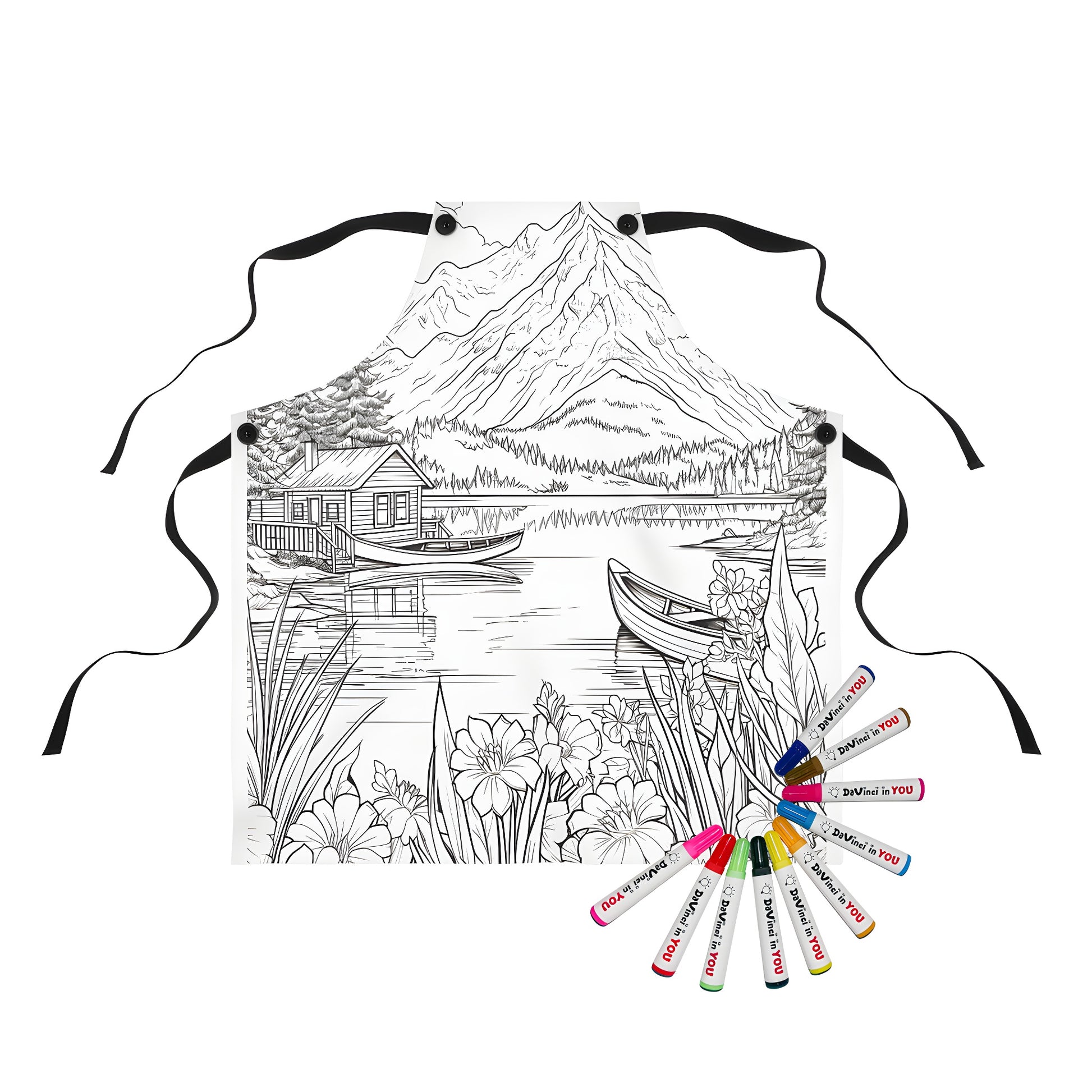 Mountain lake scene apron featuring serene landscape with lake, boats, cabin, flowers and mountains