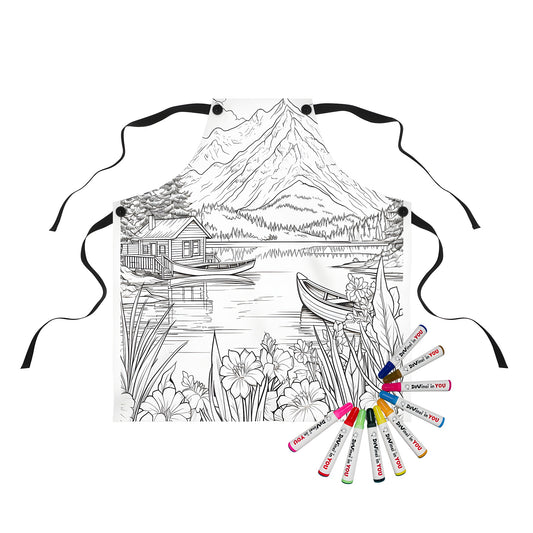 Mountain lake scene apron featuring serene landscape with lake, boats, cabin, flowers and mountains