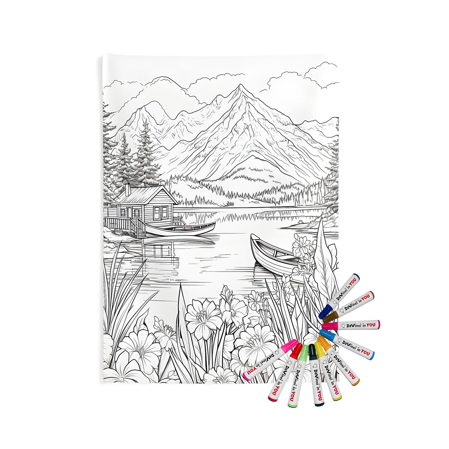 Indoor wall tapestry featuring a serene mountain lake landscape with boats, cabin, flowers, trees and mountains