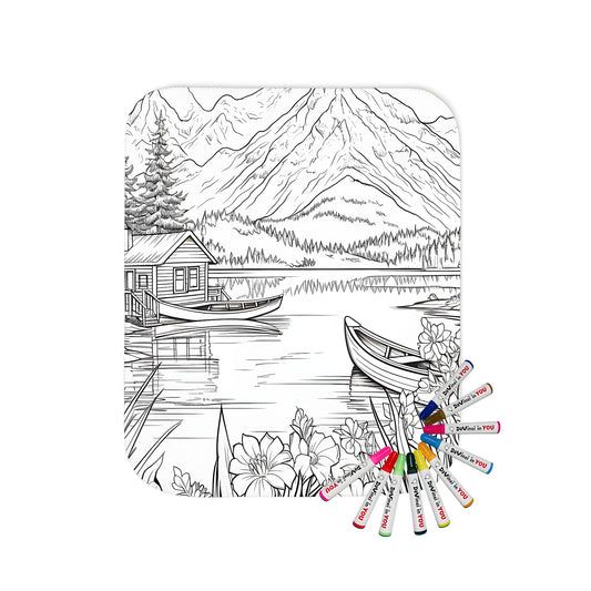 Cozy blanket featuring a serene mountain landscape with lake, boats, cabin, and blooming flowers