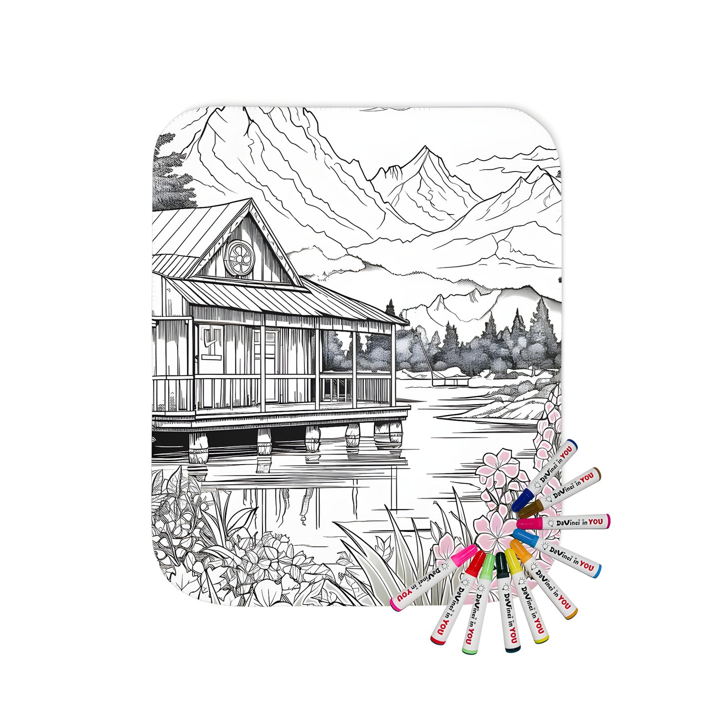 Cozy blanket with a scenic cabin scene featuring a serene lake, vibrant flowers, and majestic mountains